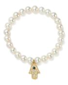 Bloomingdale's 14k Yellow Gold Cultured Freshwater Pearl, Diamond & Sapphire Hamsa Hand Charm Stretch Bracelet - 100% Exclusive
