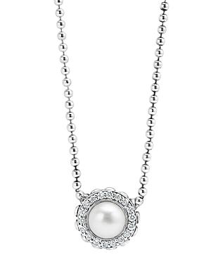 Lagos Sterling Silver Luna Cultured Freshwater Pearl Fluted Pendant Necklace With Diamonds, 16
