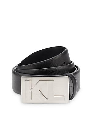 Karl Lagerfeld Paris Men's Kl Plaque Buckle Saffiano Leather Belt