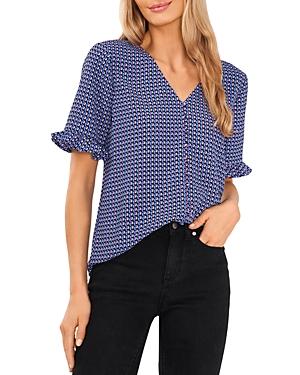 Cece Printed Ruffle Sleeve Button Down Shirt
