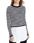Lauren Ralph Lauren Stripe Button Shoulder Mixed Media Sweater