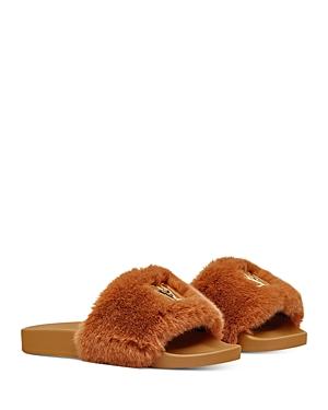 Mcm Women's Faux Fur Logo Slide Sandals