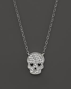 Micro Pave Diamond Skull Pendant Necklace In 14k White Gold, .14 Ct. T.w.