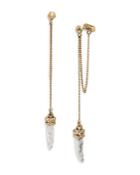 Allsaints White Howlite Horn & Chain Linear Front To Back Earrings In Gold Tone