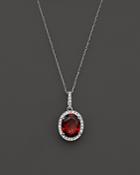 Garnet And Diamond Halo Pendant Necklace In 14k White Gold, 16