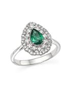Diamond Halo And Pear Emerald Ring In 14k White Gold