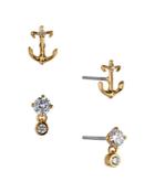 Ajoa By Nadri Vacay Anchor & Cubic Zirconia Stud Earrings In 18k Gold Plated, Set Of 2
