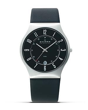Skagen Steel And Black Leather Watch, 37 Mm