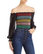 Alice + Olivia Avita Embroidered Smocked Cropped Top