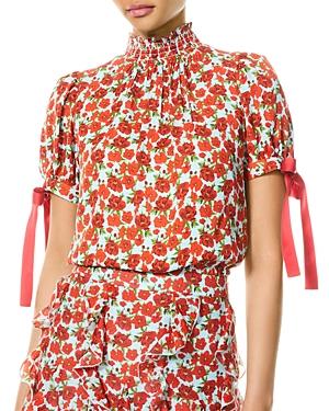 Alice And Olivia Irene Smocked Mock Neck Crepe Blouse