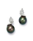 Tara Pearls 14k White Gold Leaf Diamond & Tahitian Cultured Pearl Drop Earrings