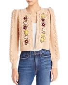 Alice And Olivia Kitty Embroidered Puff Sleeve Cardigan