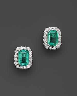 Emerald And Diamond Halo Stud Earrings In 14k White Gold
