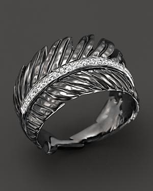 Michael Aram Rhodium Plated Sterling Silver Feather Band Ring With Diamonds