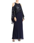 Lauren Ralph Lauren Embellished Overlay Cold-shoulder Gown