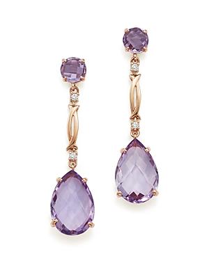 Rose Amethyst And Diamond Drop Earrings In 14k Rose Gold