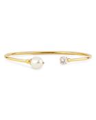 Nadri Cubic Zirconia & Cultured Freshwater Pearl Slender Cuff Bracelet In 18k Gold Plated