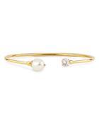 Nadri Cubic Zirconia & Cultured Freshwater Pearl Slender Cuff Bracelet In 18k Gold Plated