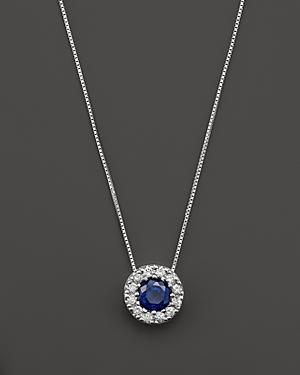 Sapphire And Diamond Halo Pendant Necklace In 14k White Gold, 18