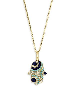 Bloomingdale's Blue Sapphire, Turquoise & Diamond Hamsa Hand Pendant Necklace In 14k Yellow Gold, 16-18 - 100% Exclusive