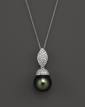 14k White Gold Cultured Tahitian Pearl And Diamond Pendant Necklace, 18
