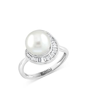 Bloomingdale's Freshwater Pearl & Diamond Baguette Swirl Ring In 14k White Gold - 100& Exclusive