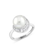 Bloomingdale's Freshwater Pearl & Diamond Baguette Swirl Ring In 14k White Gold - 100& Exclusive