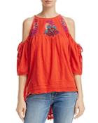 Free People Fast Times Embroidered Cold Shoulder Top