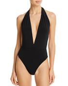 Robin Piccone Ava Solid Plunging Halter One Piece Swimsuit