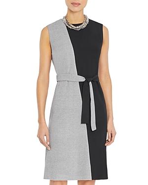 Misook Contrast Knit And Woven Belted Dress
