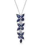 Sapphire And Diamond Flower Drop Pendant Necklace In 14k White Gold, 18
