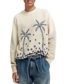 Scotch & Soda Cotton Blend Textured Palm Tree Embroidered Regular Fit Crewneck Sweater