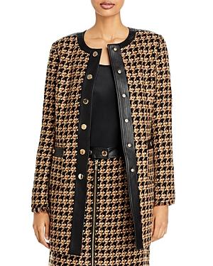 Karl Lagerfeld Paris Faux Leather Trim Houndstooth Jacket