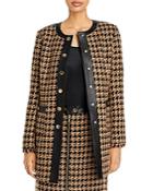 Karl Lagerfeld Paris Faux Leather Trim Houndstooth Jacket