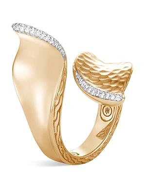 John Hardy 18k Yellow Gold Classic Chain Hammered Wave Bypass Ring With Pave Diamond