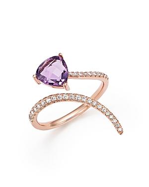 Diamond And Amethyst Open Swirl Ring In 14k Rose Gold