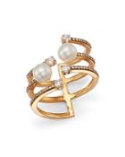 Hueb Caged Diamond & Pearl Ring In 18k Yellow Gold