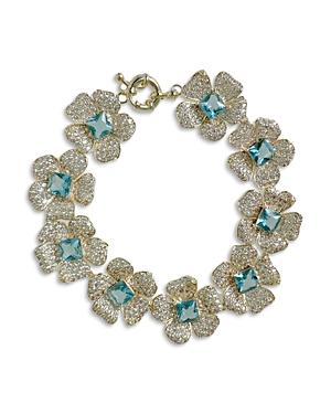 Nicola Bathie London Pave & Blue Square Cubic Zirconia Flower Flex Bracelet In 14k Gold Plated
