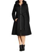 City Chic Miss Mysterious Faux Fur Trimmed Belted Coat