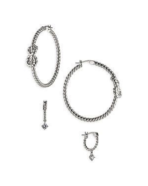 Ajoa By Nadri Vacay Cubic Zirconia Charm & Knot Rope Hoop Earrings In Rhodium Plated, Set Of 2