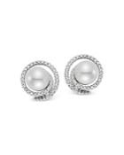 Mastoloni 18k White Gold Cultured Freshwater Pearl & Diamond Spiral Earrings