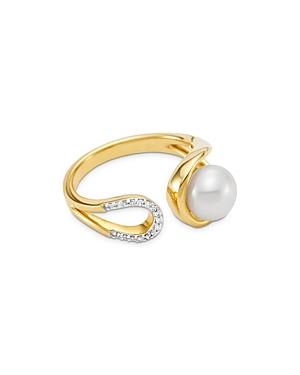 Mastoloni 18k Yellow Gold Cultured Freshwater Pearl And Diamond Open Horseshoe Ring