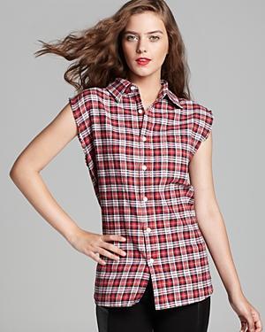 Aqua Shirt - Skull Beaded Sleeveless Plaid