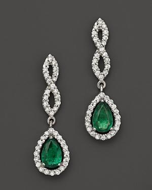 Emerald And Diamond Open Weave Pear Shaped Drop Earrings In 14k White Gold