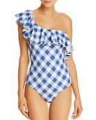Shoshanna Check One-shoulder Ruffle One Piece Swimsuit