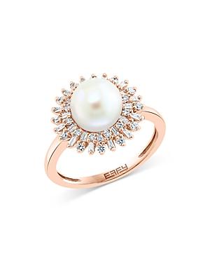 Bloomingdale's Freshwater Pearl & Diamond Baguette Sunburst Ring In 14k Rose Gold - 100% Exclusive