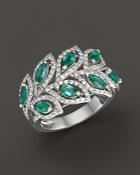 Emerald And Diamond Leaf Statement Ring In 14k White Gold