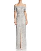 Adrianna Papell Embellished Off-the-shoulder Gown