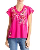 Johnny Was Lissa Cotton Embroidered Flutter Sleeve Tee