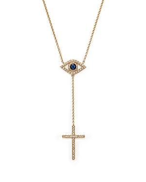 Diamond And Blue Sapphire Evil Eye And Cross Y Necklace In 14k Yellow Gold, 14